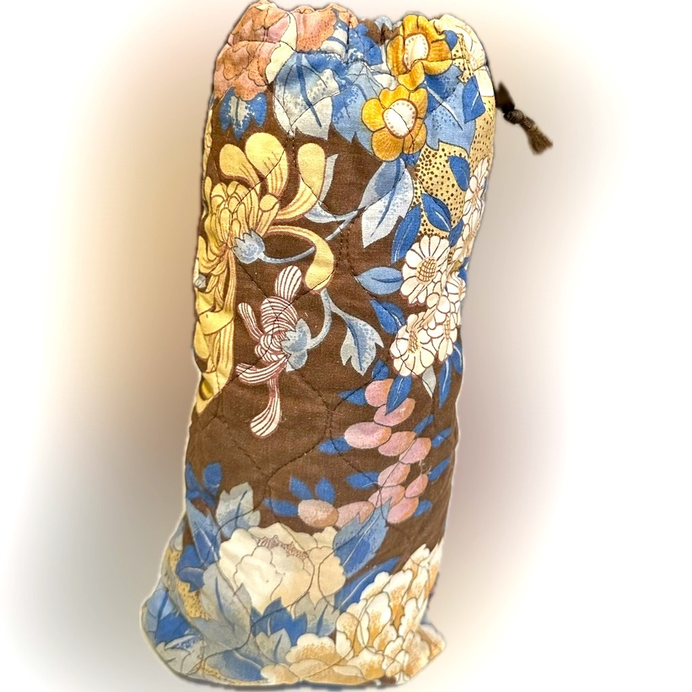 VTG QUILTED FLORAL DRAWSTRING DITTY LINGERIE SHOE TRAVEL BAG 14”x8” BROWN BLUE